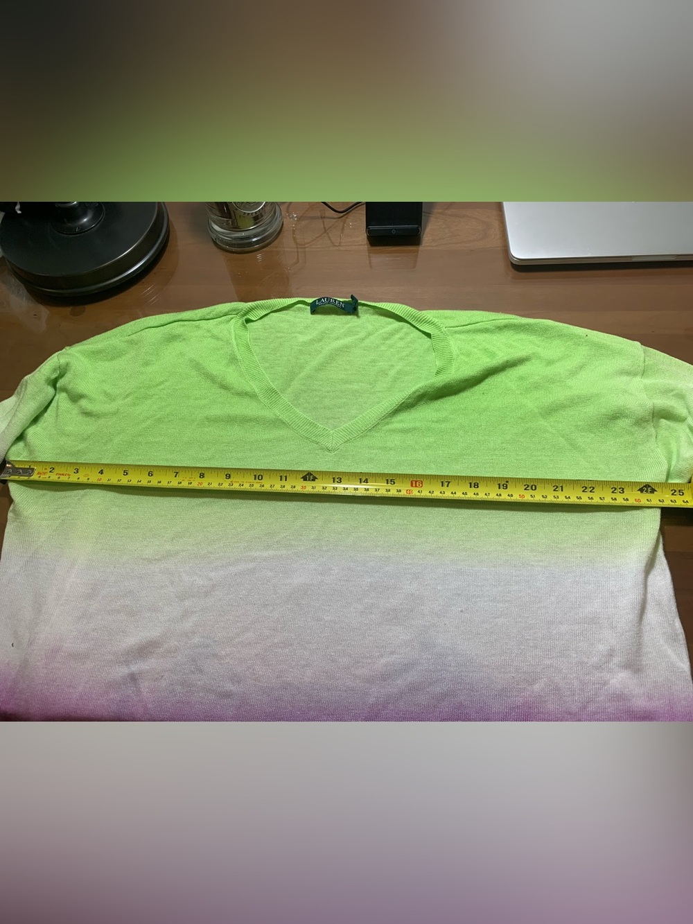Lauren Ralph Lauren Lime Green White Purple Ombre V-Neck Sweater - Picture 6 of 8